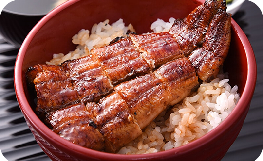 赤い丼に盛られた、照り焼きのウナギの蒲焼き丼。